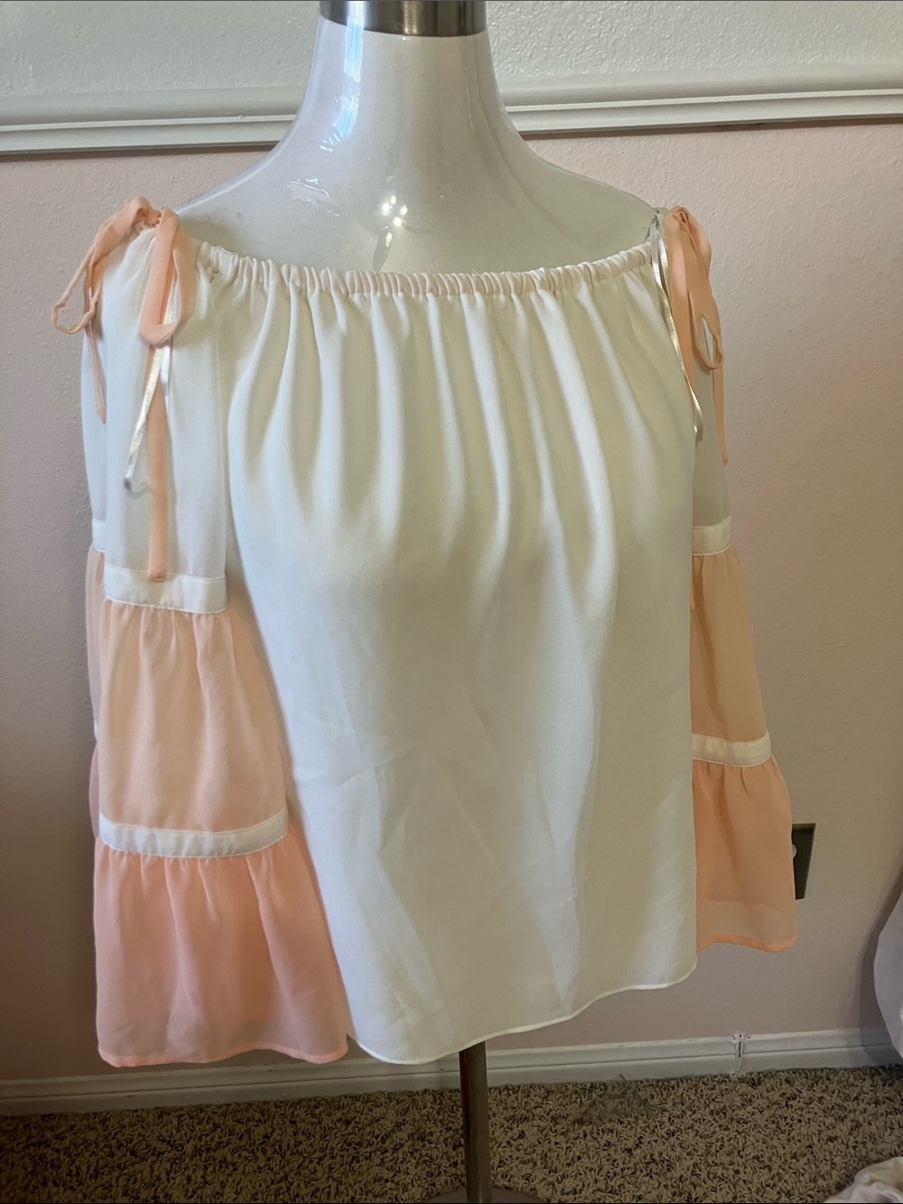 1. State White Off-Shoulder Blouse with Peach Tiered Sleeves